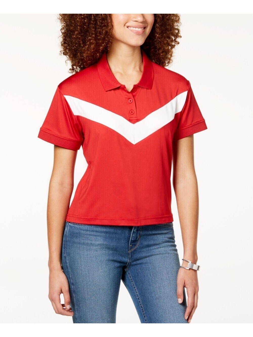 Almost Famous Womens Cropped Chevron-Stripe Polo Size M